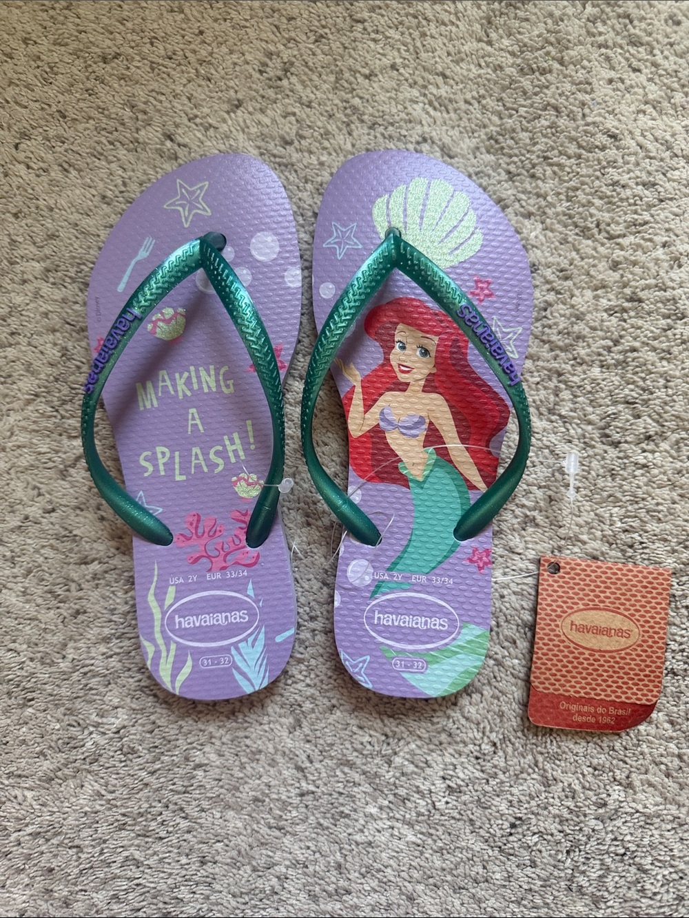 Havaianas Kids Purple Flip Flops with Green Straps - Ariel Design